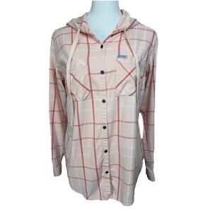 Columbia Women's Button Up Hooded Shirt Pink Plaid Casual Lightweight Sz L
